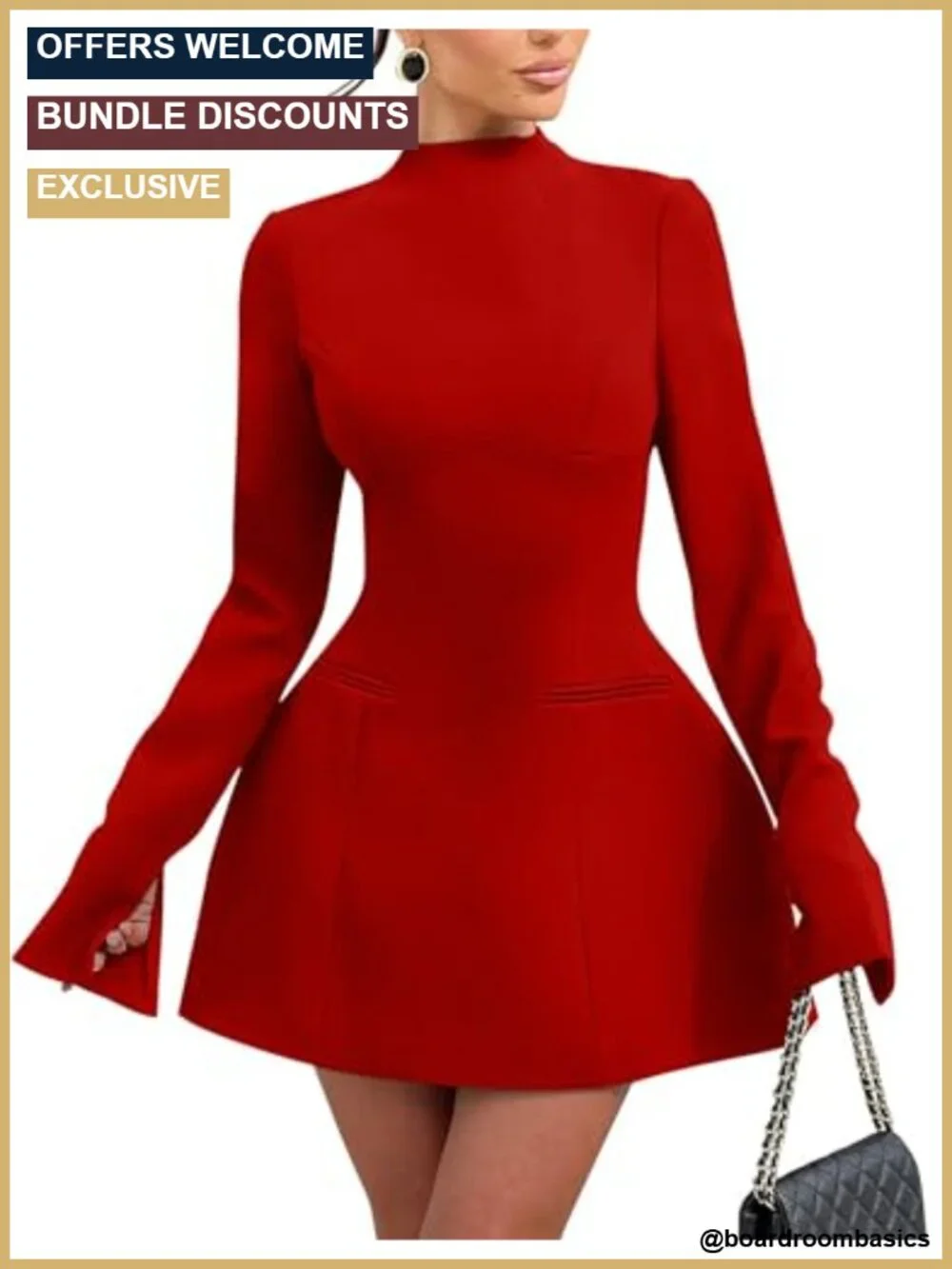Women's Elegant Long Sleeve Mock Neck Backless Party Mini Dress Stretch A-Line